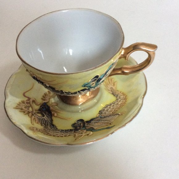 Vintage Shaff handpainted raised dragon saucer and cup gold gild handle Japanese - Picture 10 of 12